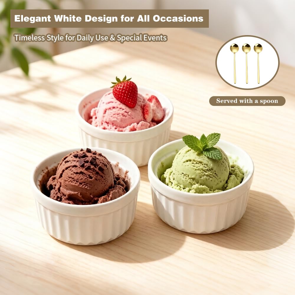 Rreme Brulee Ramekins 6OZ 8-piece Set Includes 8 Gold-Colored Stainless Steel Spoons，Ramekins Oven Safe，Suitable For Pudding Cups Dessert Cups Lce Cream Cup Reusable