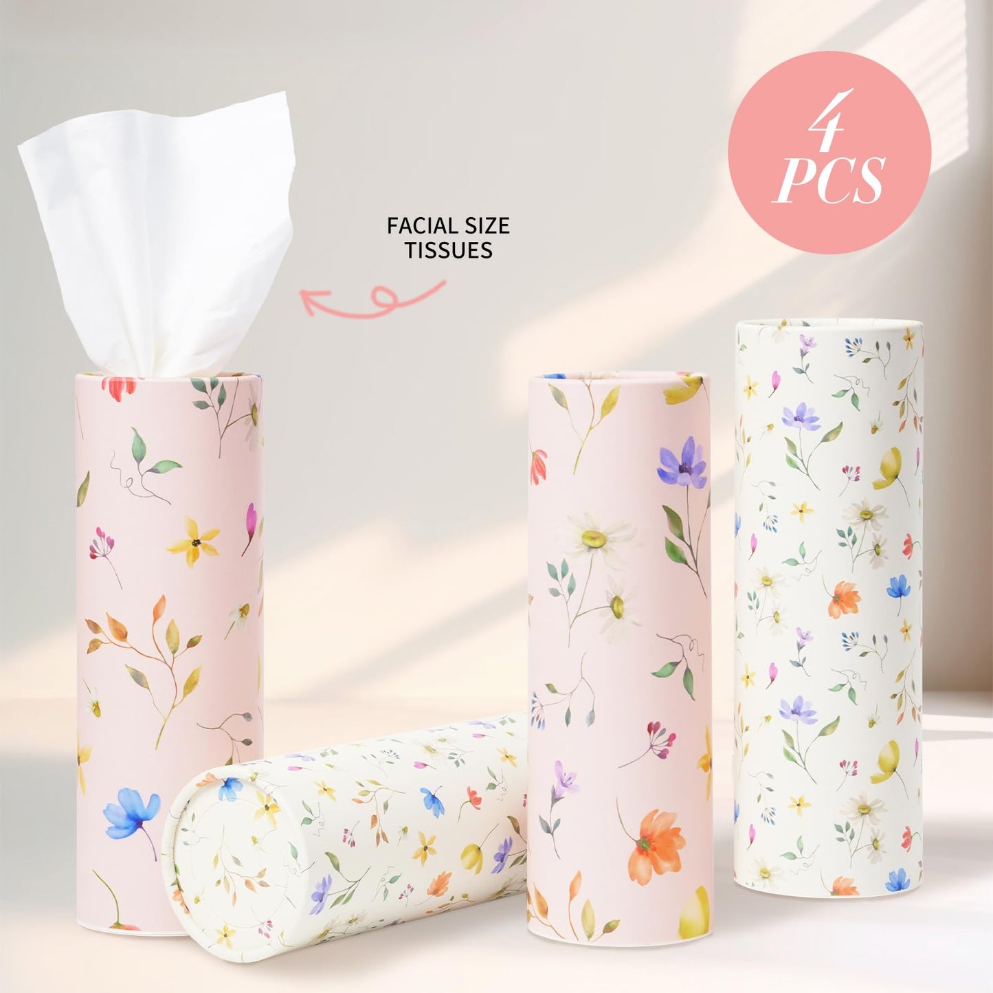 4 Pack Pink Wild Floral Car Tissue Holder with 3-Ply Facial Tissues - Round Cylinder Tissues Fits Car Cup Holder, Travel Tissues Bulk (200 Sheets 7.1x7.1") - Cute Sister Mother's Day Birtyday Gifts