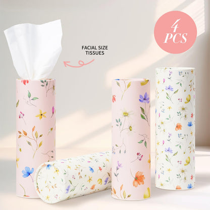 4 Pack Pink Wild Floral Car Tissue Holder with 3-Ply Facial Tissues - Round Cylinder Tissues Fits Car Cup Holder, Travel Tissues Bulk (200 Sheets 7.1x7.1") - Cute Sister Mother's Day Birtyday Gifts