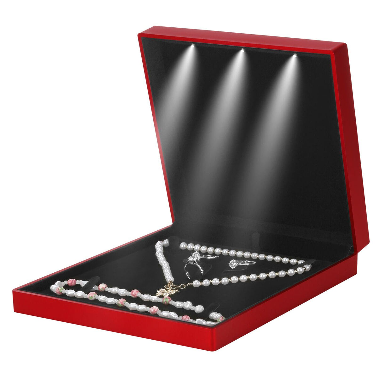 LETURE Large Velvet Jewelry Set Gift Box, Necklace Box With LED Light, Elegant Velvet Gift Box For Bracelet Necklace Earring Ring (Red)