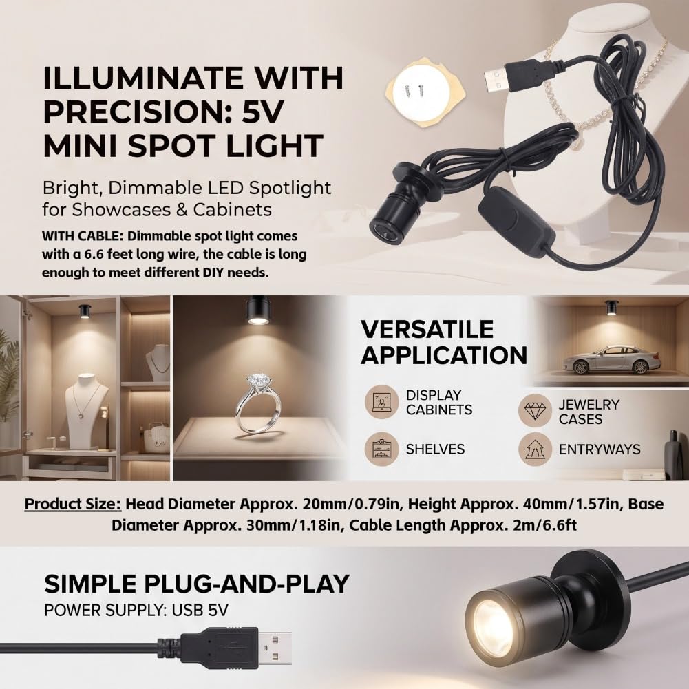 Mini LED Spotlight 5V USB Dimmable Spot Lights Accent Lights with 6.6ft Cable for Painting Picture Plants Jewelry Showcase Model Display (Warm White Light 3000K)