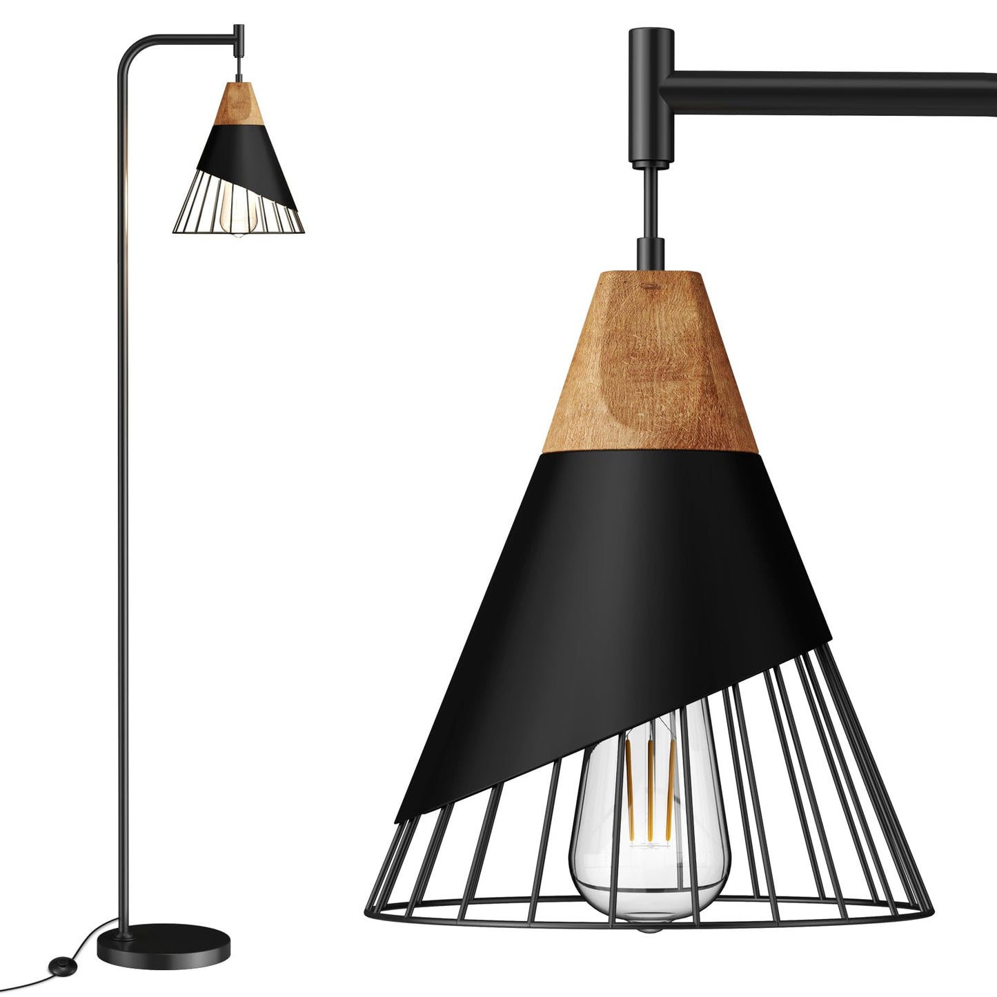 Alrryo 67" Industrial Floor Lamp with Wood & Black Metal Shade, Modern Standing Lamp, Rustic Farmhouse Tall Lamp for Living Room Bedroom Office, 2700K Bulb & Foot Switch Included (Black)