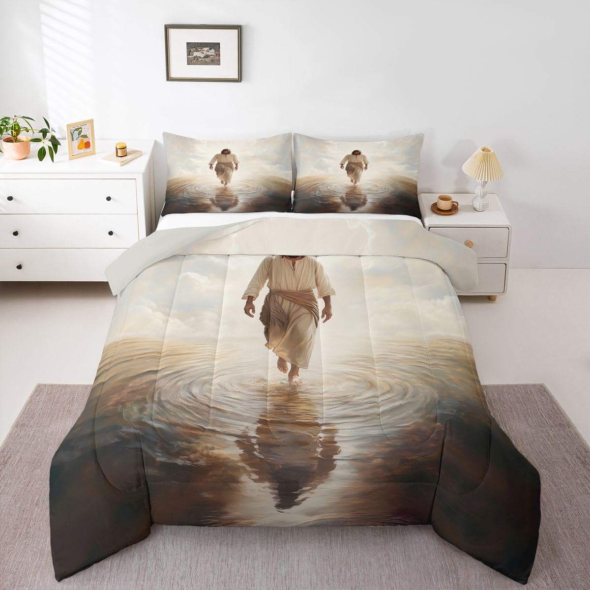 Manfei God Walking on Water Girls Bedding Set Twin Size,Bible Verse Western Faith Comforter Set,Modern Artwork Spiritual Quilt Comforter Girls Boys Teens,Beige Gray Room Decor All Season,1 Pillowcase