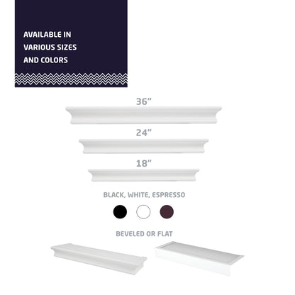 HIGH & MIGHTY Decorative 18" Floating Shelf Holds up to 15 lbs, Easy Tool-Free Dry Wall Installation, Beveled, White | 515654