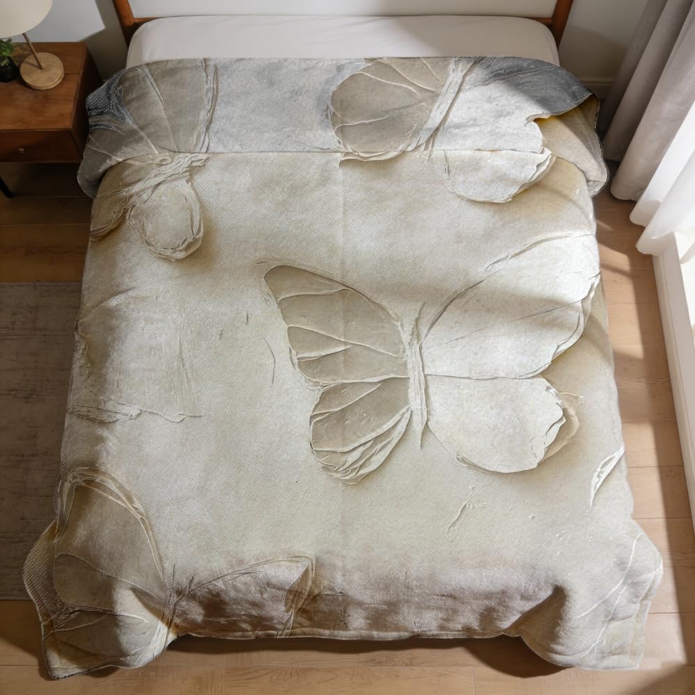 ZHOUSHUTONG Butterfly Throw Blanket Elegant White Butterflies Floral Print Gifts for Women Girls Super Soft Warm Cozy Flannel Blanket for Couch Sofa Bedroom Office Home Decor 49"x59"