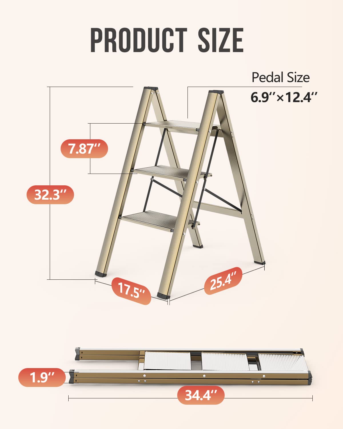 WOA WOA 3 Step Ladder, Foldable Step Stool, Aluminum Lightweight Ladder for Home Kitchen Closet, Anti-Slip Pedals, Ease of Folding, Portable, 300lbs Capacity - Gold