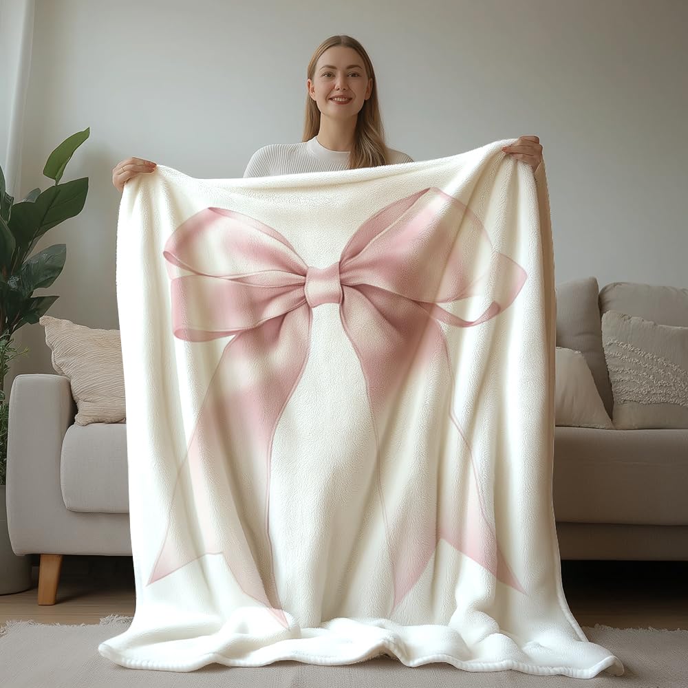 HUNXIAOJ Pink Bow Throw Blanket Bow Gift for Girls Bowknot Blanket Bowknot Bedding Warm Soft Flannel for Girls Boys Woman Teens Adults Bed Sofa Couch (49in x 59in)