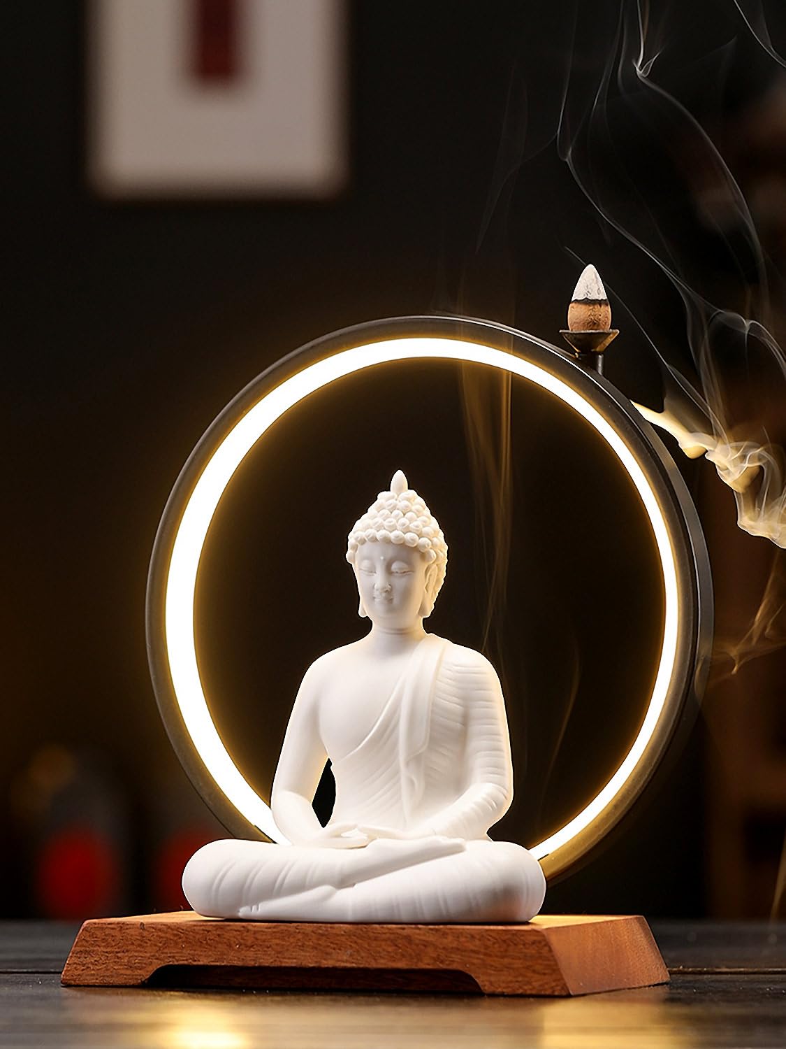 Dyware 8.8 Inch LED Buddha Statue for Indoor, White Ceramic Small Buddha Statue with LED Light for Home Decor