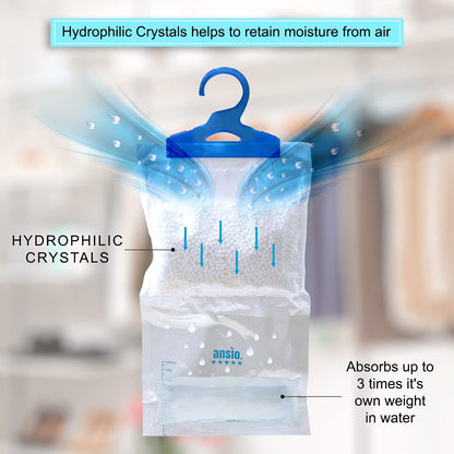 ANSIO Wardrobe Dehumidifier Hanging Bags Pack of 12 Moisture Absorbers, Trap, Condensation, Dehumidifiers for Damp, Mould, Bedroom, Caravan, Bathroom, Basement, Office – 210g Each