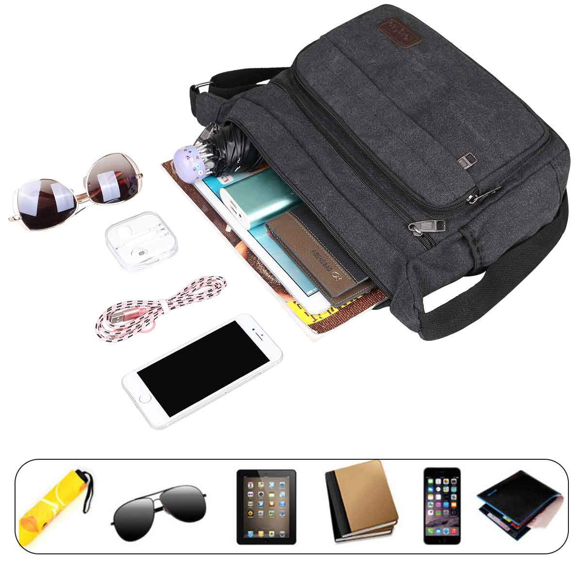JAKAGO Messenger Shoulder Bag 13 Inch, Multi Pockets Canvas Crossbody Bag for Men/Woman,Casual Lightweight Satchel for Travel Outdoor Hiking Working Daily Use (Black)