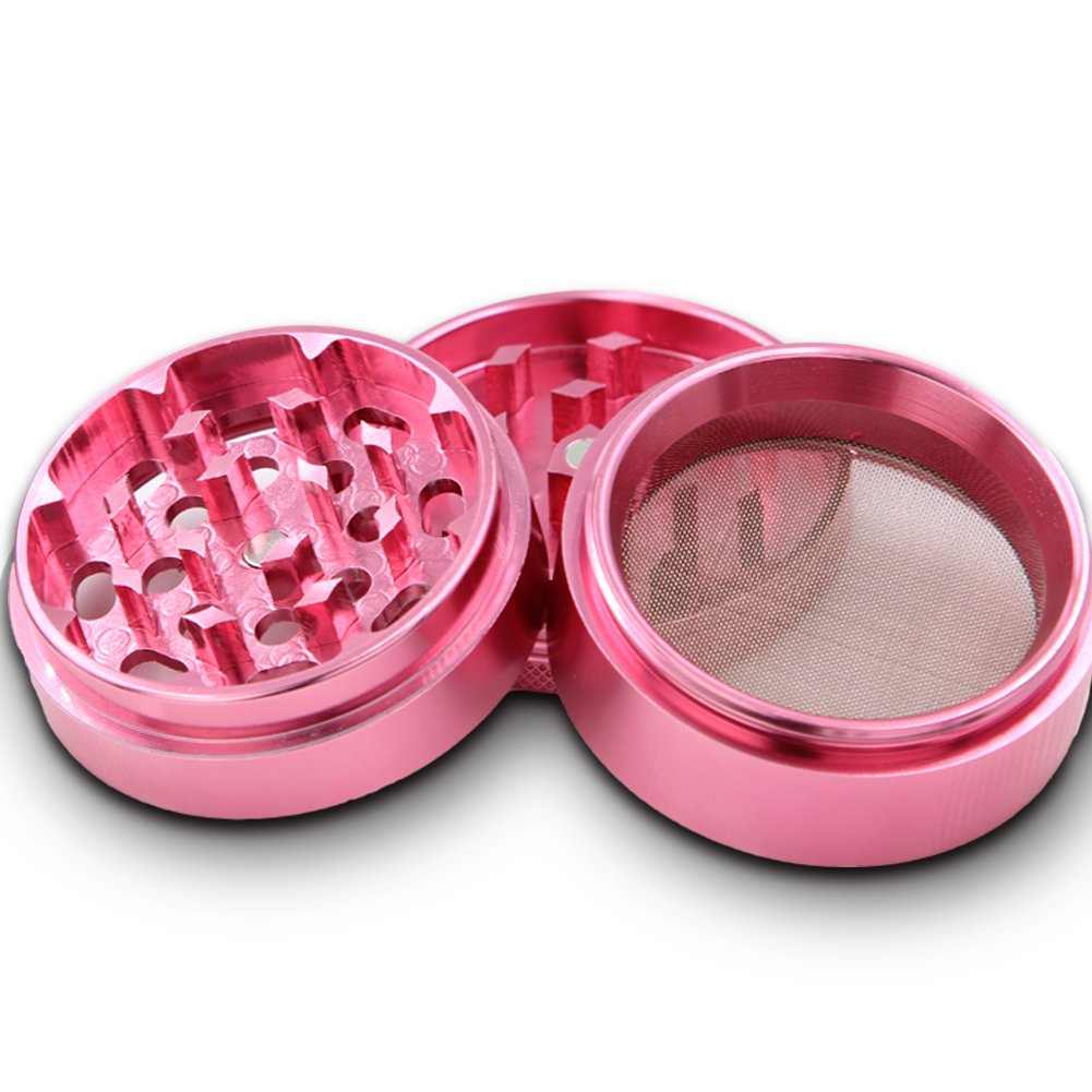 DCOU Premium Aluminium Herb Grinder 2.2 Inches 4 Piece Metal Grinder with Pollen Catcher with Laser Flower Pattern (Pink)