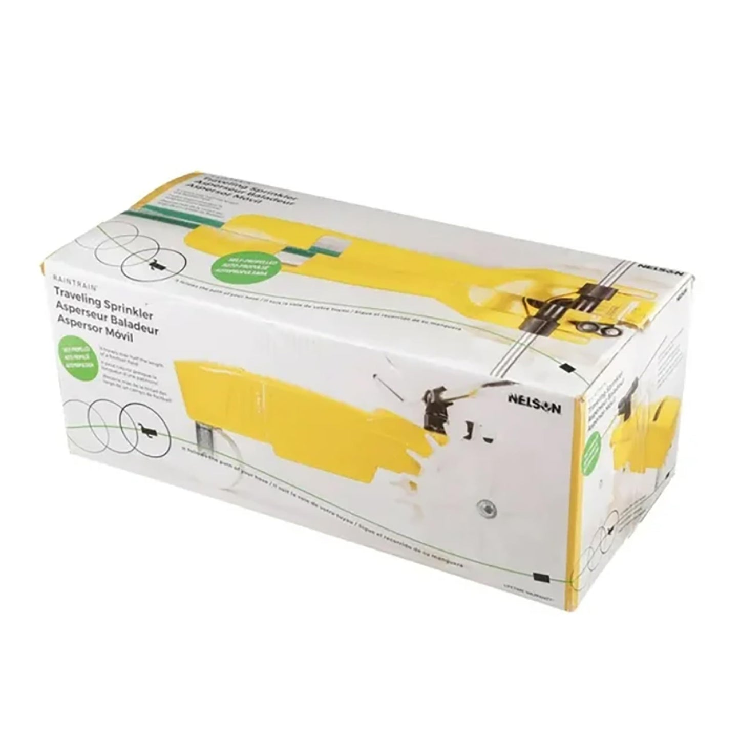 Nelson Rain Train Traveling Sprinkler for Yard, Heavy Duty Rotating Lawn Sprinkler with Large Area Coverage, Yellow