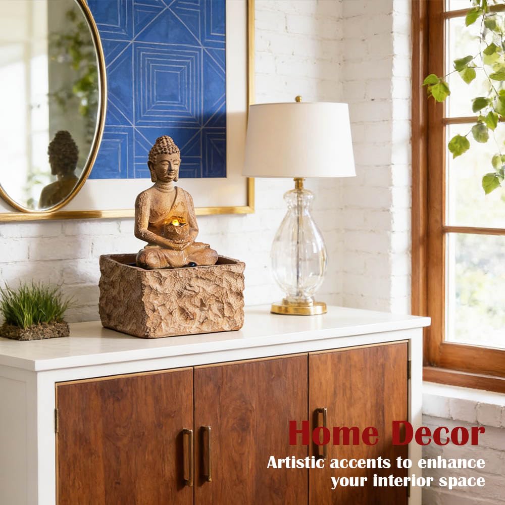 Indoor Tabletop Fountain, Zen Buddha Statue with LED Light Waterfall Fountain, ON/Off Switch with Pebbles, Modern Desktop Water Feature, Meditation Relaxation Decor for Home Office (Buddha Brown)
