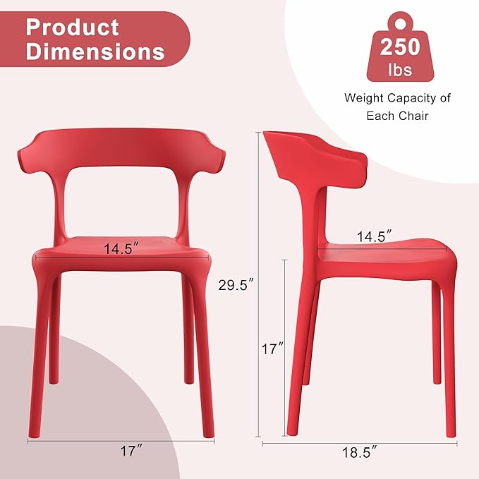 VECELO 4 Pack Plastic Stacking Chairs, Stackable Dining Chairs for Kitchen Restaurant Patio, Portable Indoor Outdoor Use, No Assembly Required, Red