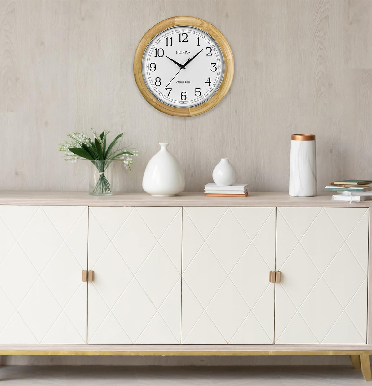 Bulova C5005 Wooden Atomic Analog Wall Clock | Automatically Sets Time | Large Roman Numerals | Battery Operated | Traditional Design