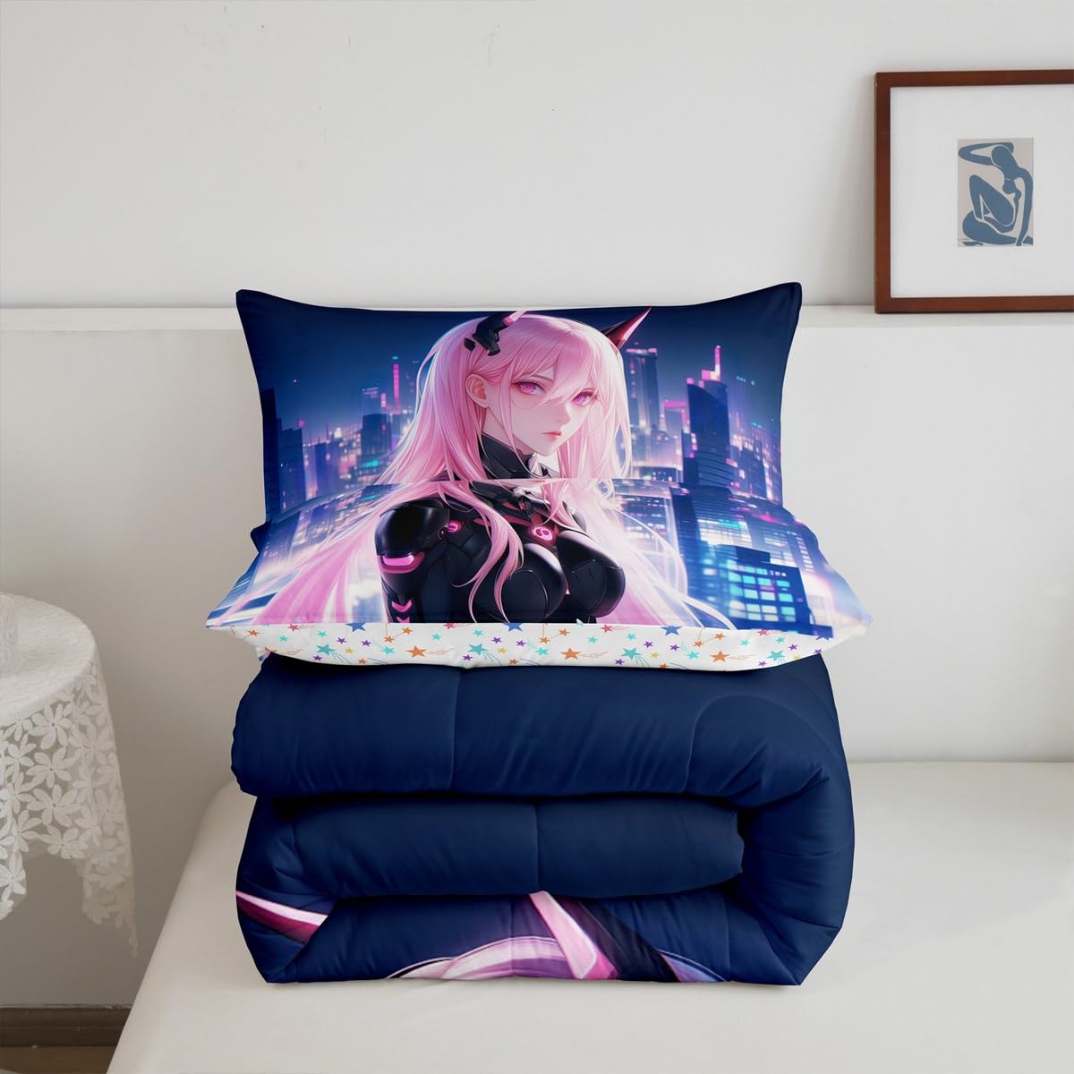 Erosebridal Japanese Anime Comforter Set Full Size, Anime Girl Bedding Set Kawaii Japanese Style Quilt Cartoon Japan Animation Duvet Insert for Boys Teens Adult Women Bedroom Decor
