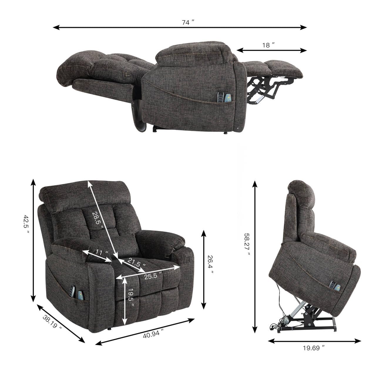Oversized Power Lift Recliner Chair with 4 OKIN Motors Electric Lay Flat Reclining Sofa Chair Heat and Massage 180 Degree Velvet Lift Chair for Adults, Dark Brown