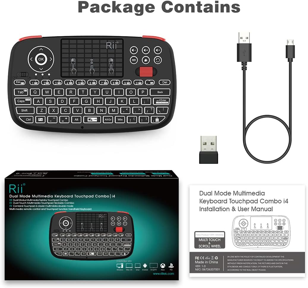 Rii (Upgrade) i4 Mini Bluetooth Keyboard with Touchpad, Blacklit Portable Wireless Keyboard with 2.4G USB Dongle for Smartphones, PC, Tablet, Laptop TV Box iOS Android Windows Mac.Black