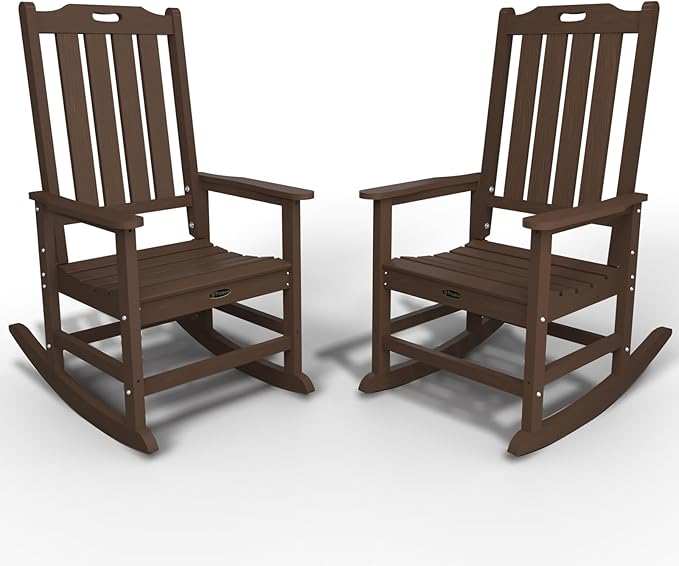 Oversized Rocking Chair Set of 2, Outdoor Rocking Chair for Adults, All Weather Resistant Porch Rocker for Lawn Garden, Brown