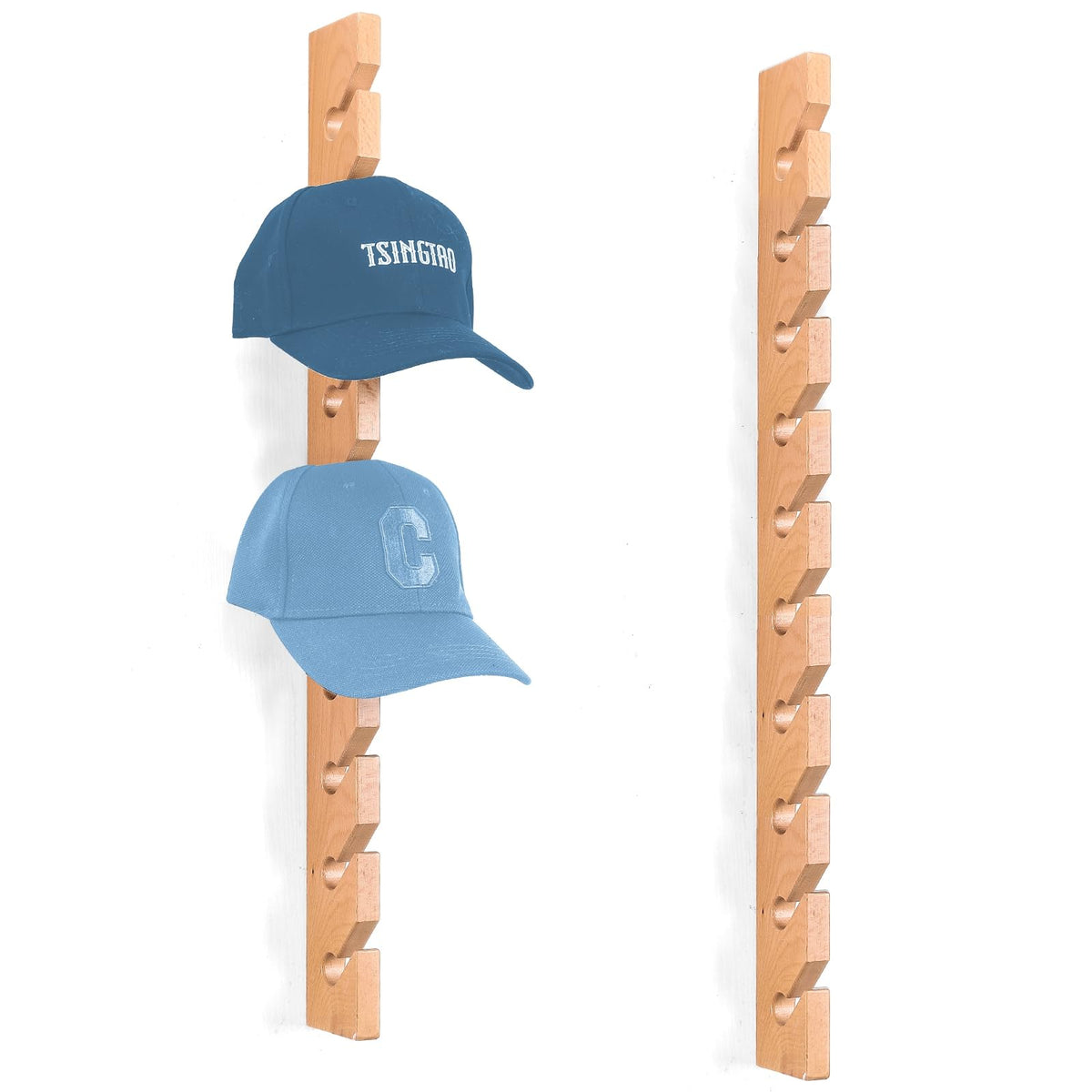 Onzbala Solid Wood Hat Rack for Wall (2 Pack) - 20 Baseball Cap Organizer - Premium Beech Hat Holder & Vertical Display - Heavy Duty Hat Hangers for Closet, Door, Mens Room Decor (Natural)