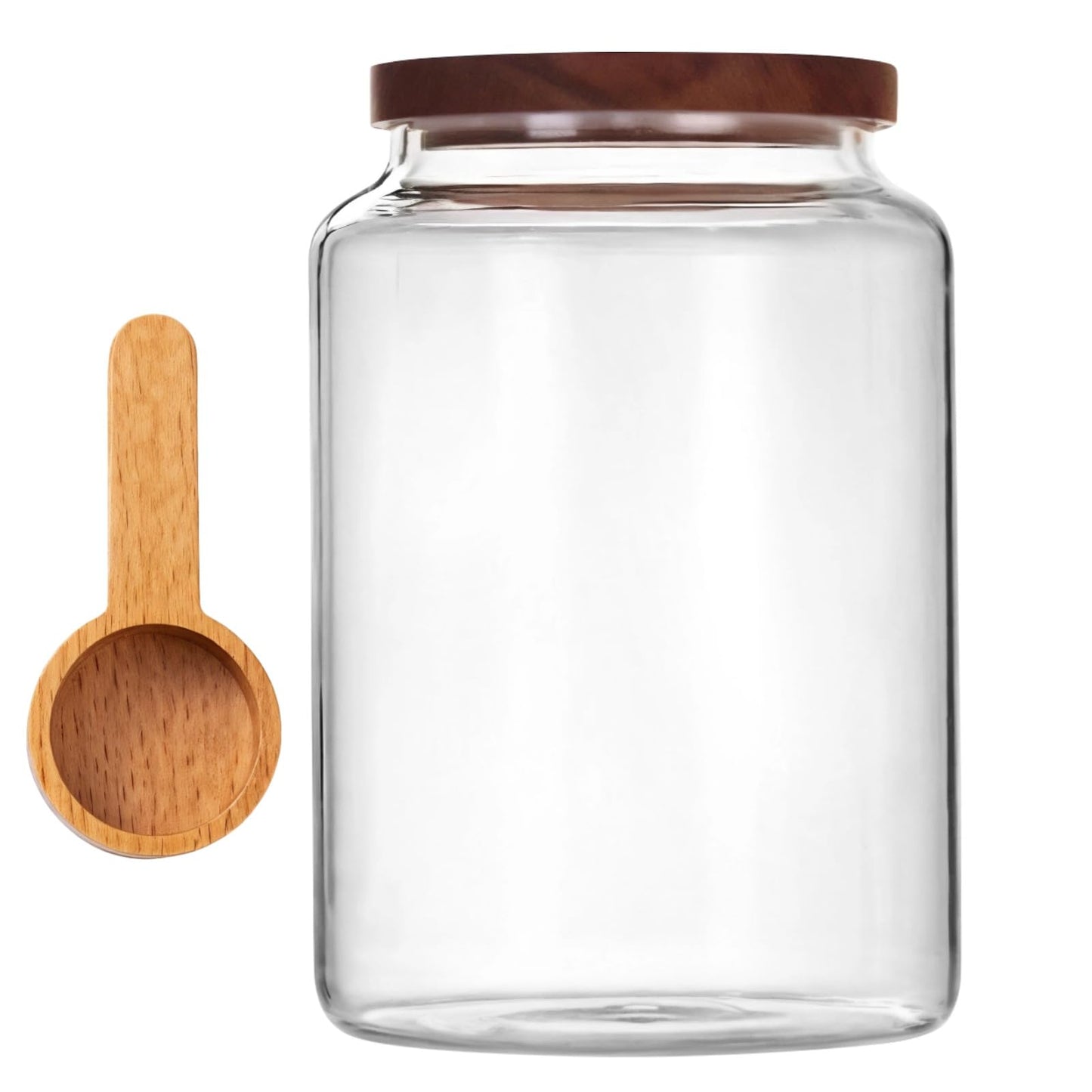 Varku 68oz Glass Tea Canister with Wooden Lid, Air-Tight Salt and Sugar Storage Container, Includes Beech Wood Short Spoon, Durable and Heat-Resistant, Ideal for Home Use