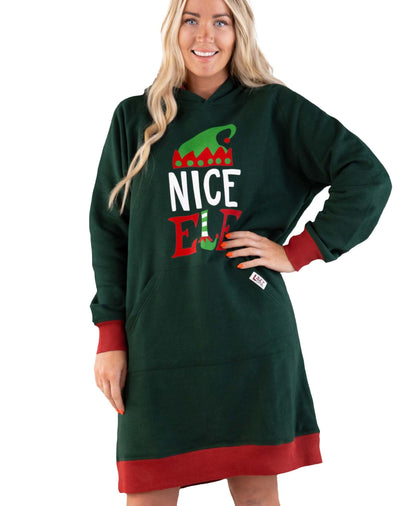 Lazy One Oversized Hoodie Sweatshirt, Comfortable Loungewear, Christmas (Nice Elf, L/XL)