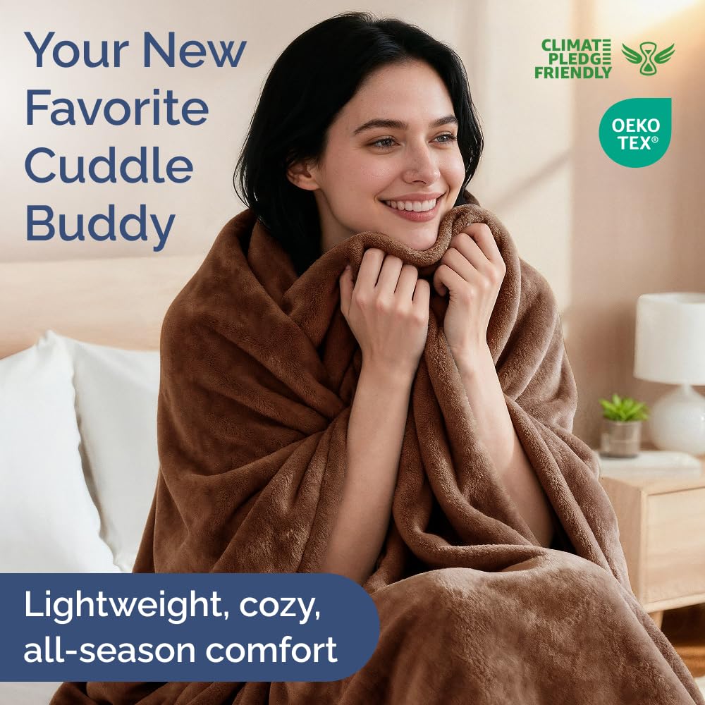 Ultra Soft Fleece Blanket Throw Size - Flannel Fleece Luxury Throw Blanket - Lightweight for Couch Bed Chair - Thick, Warm and Breathable - All Season Cozy Fuzzy, Anti-Static Microplush Bedding, Brown