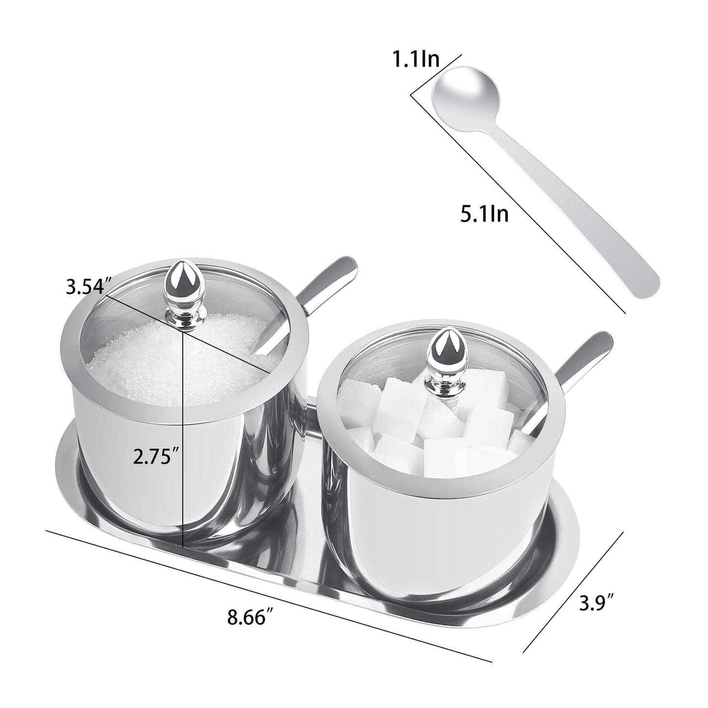 KEMIYIXIAN 2 Stainless Steel Sugar Bowl with Lid Spoon and Tray, Polished Shiny Sugar Bowl，for serving sugar Suitable for home and kitchen- 12 Oz/ 360m