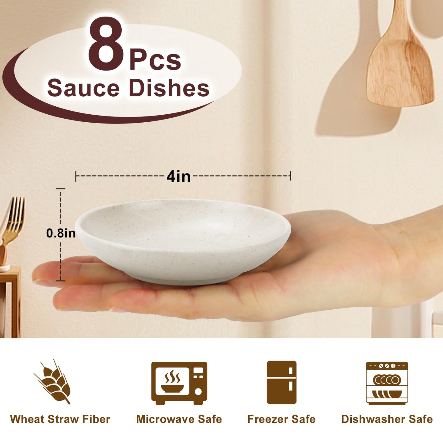 BUSOKIP 4 Inch Small Appetizer Plates 8 Pieces, Lightweight and Unbreakable Wheat Straw Plates, Small Sauce Plate, Soy Sauce Dish for Side Dishes, Condiment, Appetizer (White)