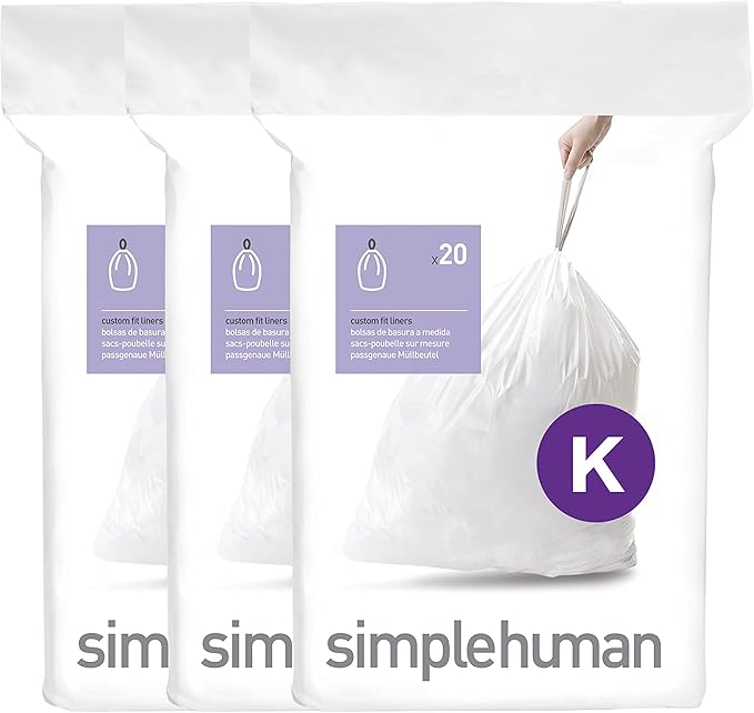 simplehuman Code K 60 Count, Dispenser Pack Custom Fit Liners, Drawstring Trash