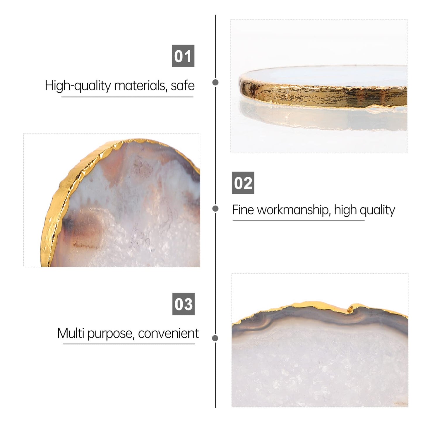 Kichvoe Natural Grey Agate Slice Coaster - Golden-Plated Drink Coaster for Home Decor & Table Protection - 3.54 X 3.34 Inches