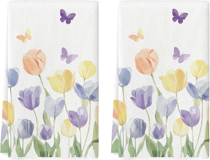 Artoid Mode Tulip Butterfly Floral Spring Kitchen Towels Dish Towels, 18x26