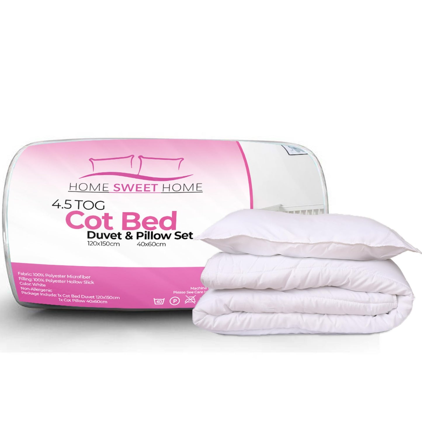 Home Sweet Home UK Toddler Cot Bed Duvet And Pillow Set - 100% Microfiber Anti Allergy 4.5 Tog Junior Baby Duvet And Pillow - Toddler Bedding Cot Bed Set 120 x 150 cm