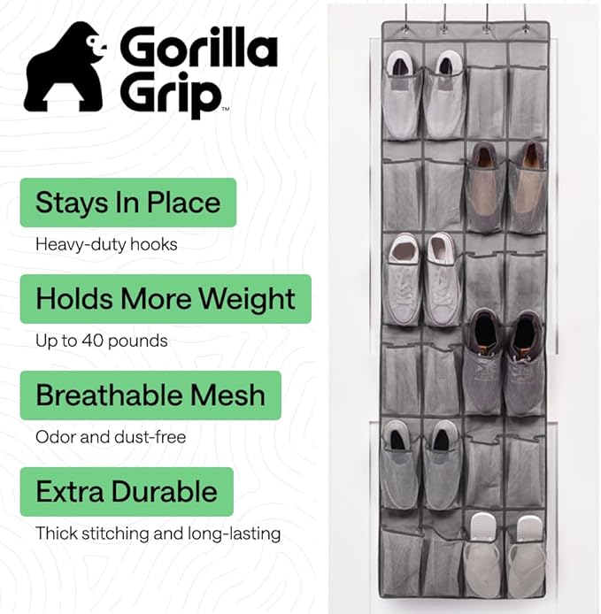 GORILLA GRIP Over the Door Shoe Organizer, 2 Pack, 24 Breathable Mesh Pockets