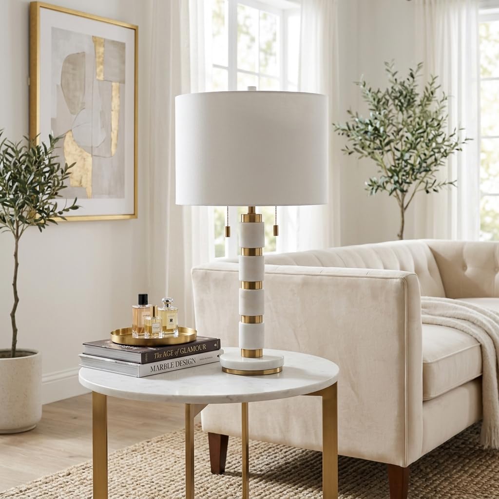 Sagebrook Home 27x14 Stacked Marble Lamp With 2 Pulls, White