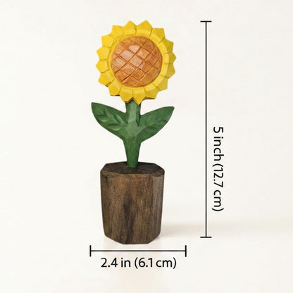Hand-Carved Wooden Sunflower Figurine – Artisan Solid Wood Flower Statue for Rustic Farmhouse Shelf Decor & Desk Accessories – Unique for Her, Mom, Teachers (5 Inch, Gift Boxed)