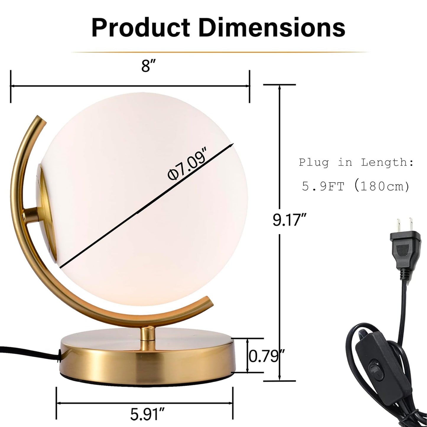 Antique House Gold Modern Globe Table Lamp with 7.1'' Glass Goble Shade Mid Century Table Lamps Desk lamp Metal Standing lamp for Bedroom Living Room Office