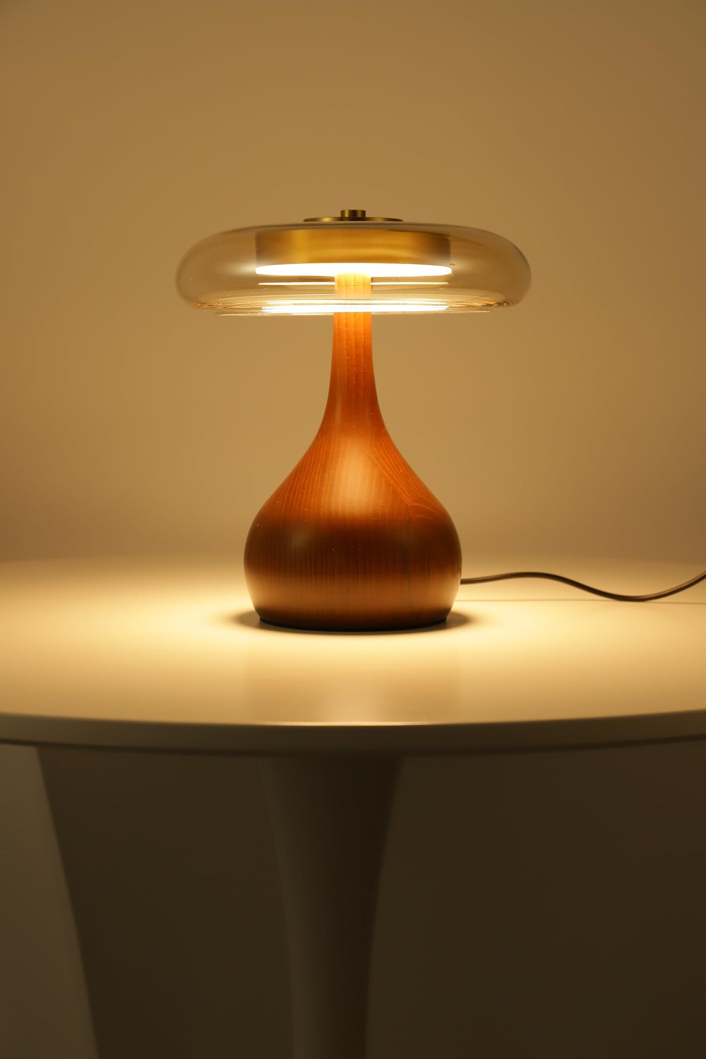 WTHTNROM Small Table Lamp for Bedroom-Wooden Base Teardrop Mushroom Table Lamps,Amber Glass Shade,LED Three Color Temperature Adjustable Brightness Modern LED Side Table and Desk Lighting(H 9.7 in)