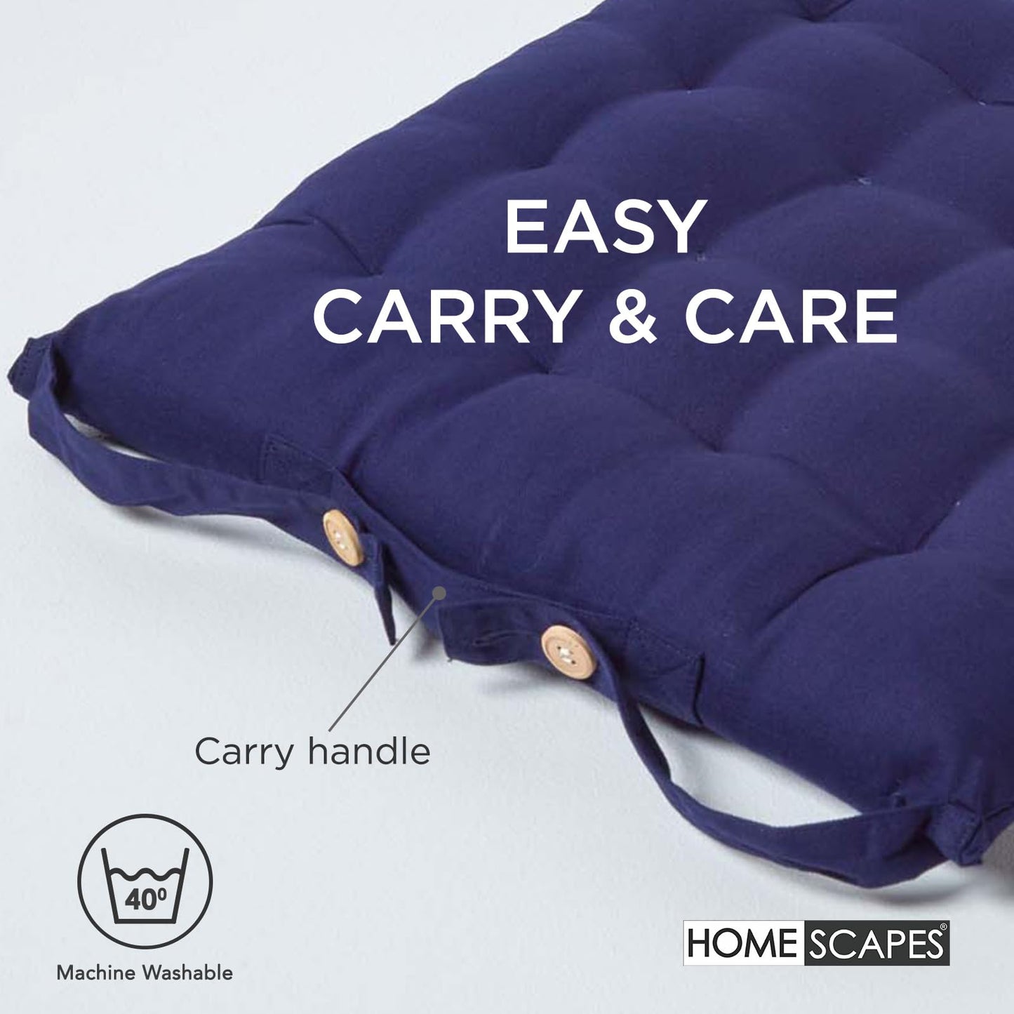HOMESCAPES - Seat Pad - Navy Blue - 40 x 40 cm - Indoor - Garden - Dining - Chair Cushion with a Button Tie Handle to fix to Chair - 100% Cotton - Well Filled - Easy Care - Washable At Home