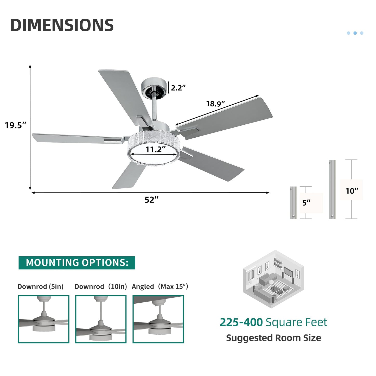 YITAHOME 52 Inch Chandelier Ceiling Fans with Lights and Remote/App, Smart Ceiling Fans Compatible with Alexa, Reversible Quiet DC Motor, Dual Finish Blades, Dimmable Lighting for Living Room, Nickel