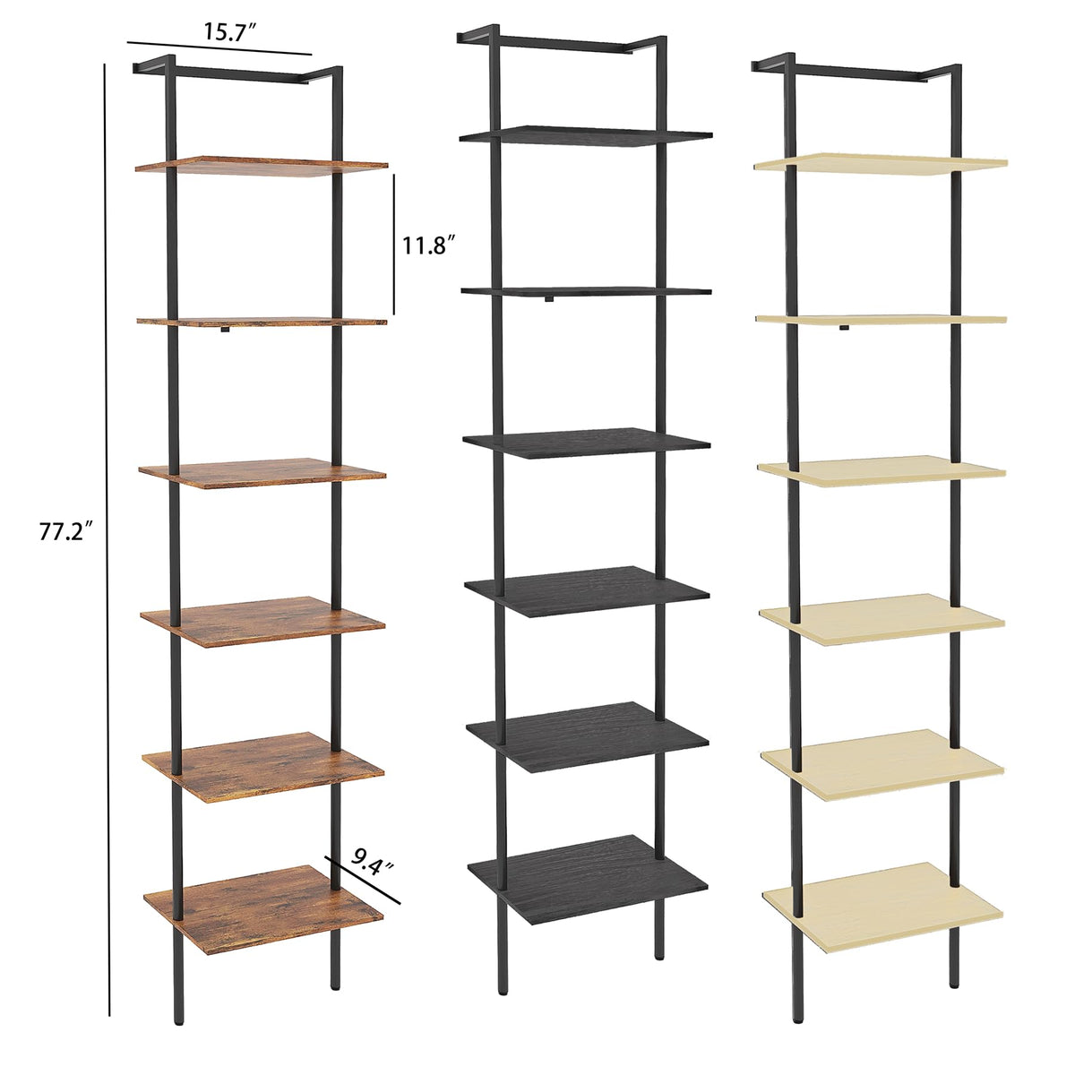 POBOMULI 6-Tier Ladder Shelf, 77 Inches Wall Mounted Ladder Bookshelf with Metal Frame, Wood Tall Open Storage Rack and Display Shelves for Home Office Bedroom Living Room, Rustic Brown