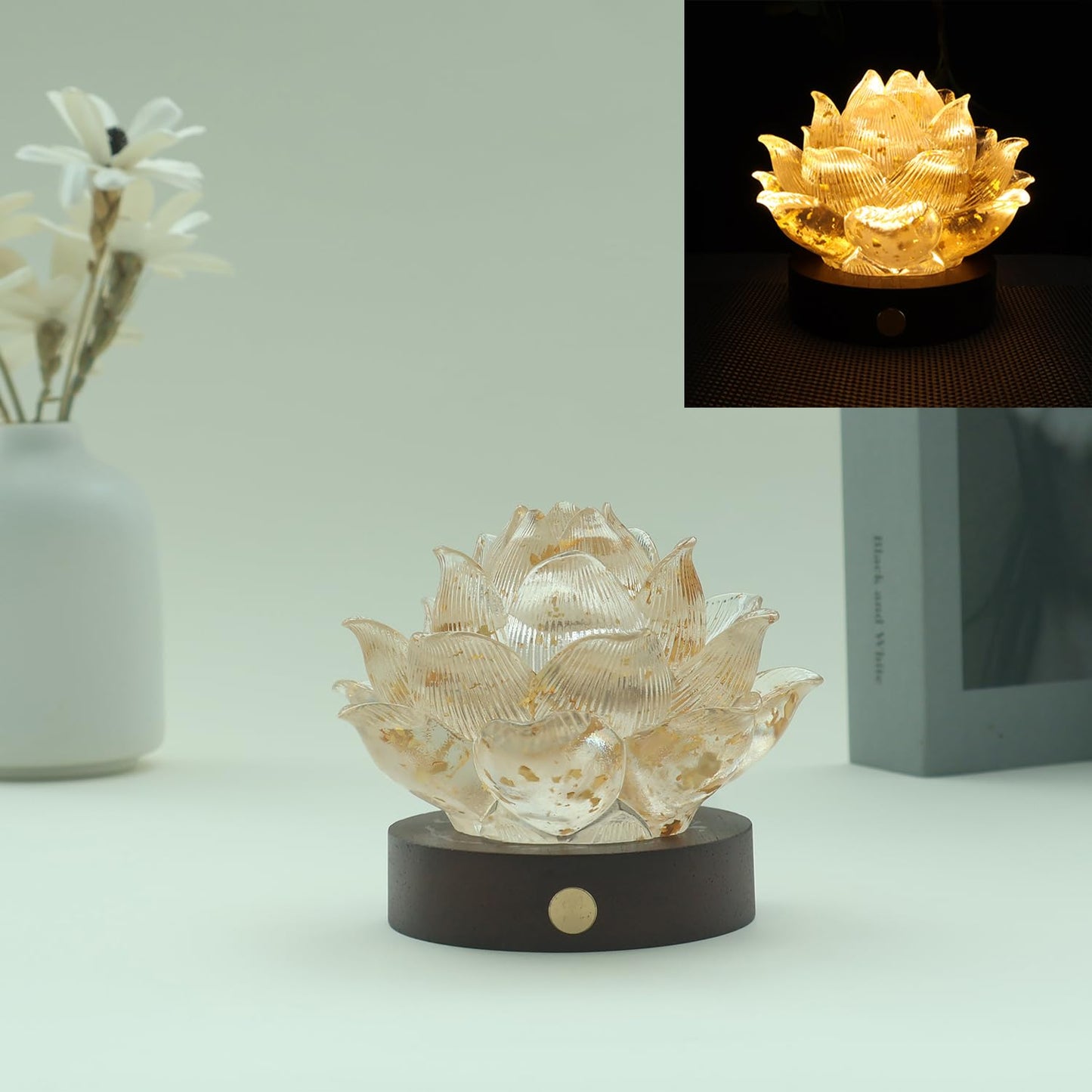 YeseeYe Lotus Statue with Light - Lotus Lamp Nightlight Tabletop Home Decoration Figurine for Living Room Office Shelves Coffee Table Desk Decor Sculpture