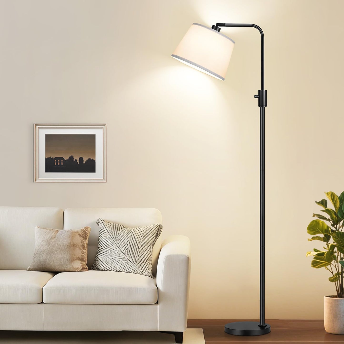 【Upgraded】 Dimmable Floor Lamp, 1000 Lumens LED Edison Bulb Included, Arc Black Floor Lamps for Living Room Modern Standing Lamp with White Shade, Tall Lamps for Living Room Bedroom Office Dining Room