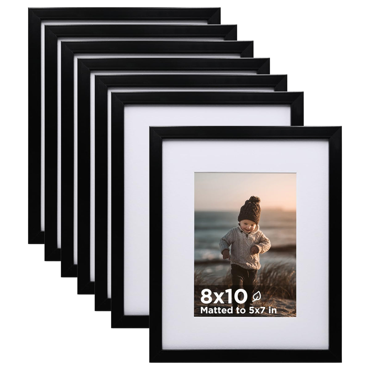 KINLINK 8x10 Picture Frame Black Set of 6, Wooden Photo Frames Matted 5x7 with Plexiglass for 5x7 with Mat or 8x10 without Mat for Table and Wall Display