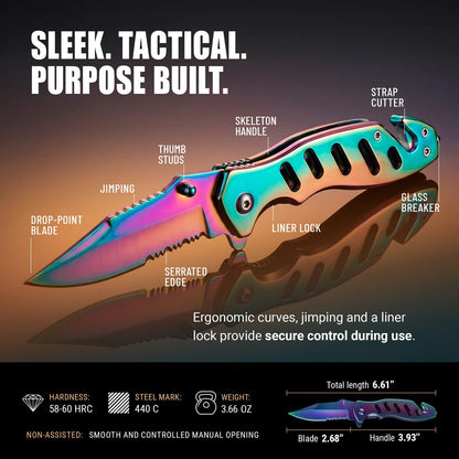 Legal Rainbow Pocket Knife with Glass Breaker Seatbelt Cutter - 2.68 Inch Sharp Serrated Blade - Cute Small Folding Womens Knives for Self Defense EDC Camping - Birthday Gifts for Women - 6655 R
