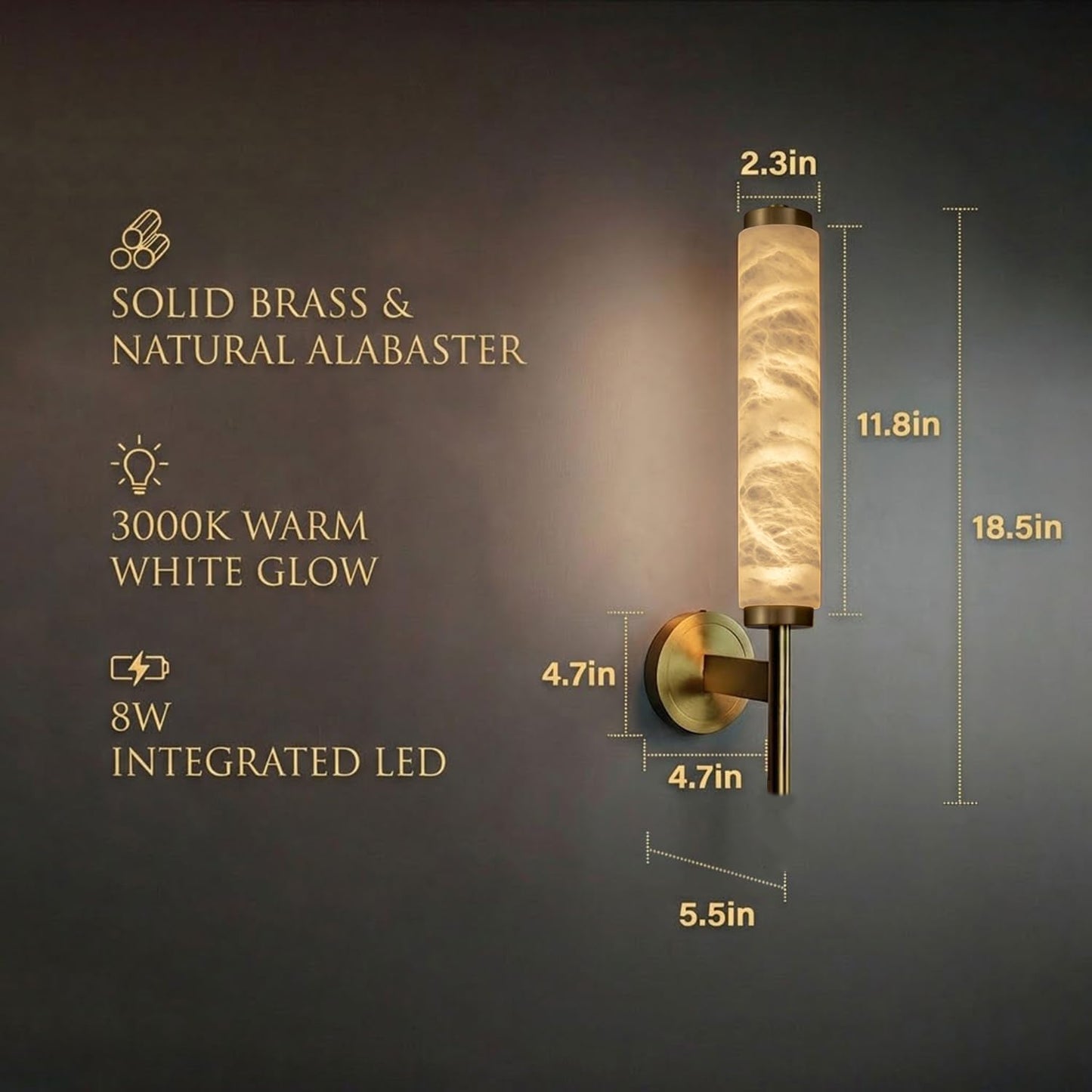 DZQWLL Alabaster Wall Sconce, Modern 18.5" Marble Wall Lamp, Bathroom Vanity Wall Light Fixtures, Brushed Brass Wall Lamp for Bedroom Mirror Living Room Bedside 8W Warm White Glow
