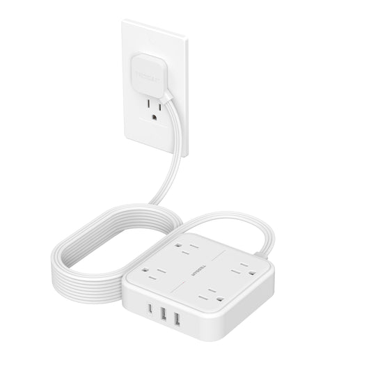 Surge Protector Flat Extension Cord 5FT, TESSAN Flat Plug Power Strip with 4 Outlets 3 USB C Ports (1 USB C), 900 Joules Protection, Multiple Wall Outlet Extender Suitable for Home Office Dorm, Black