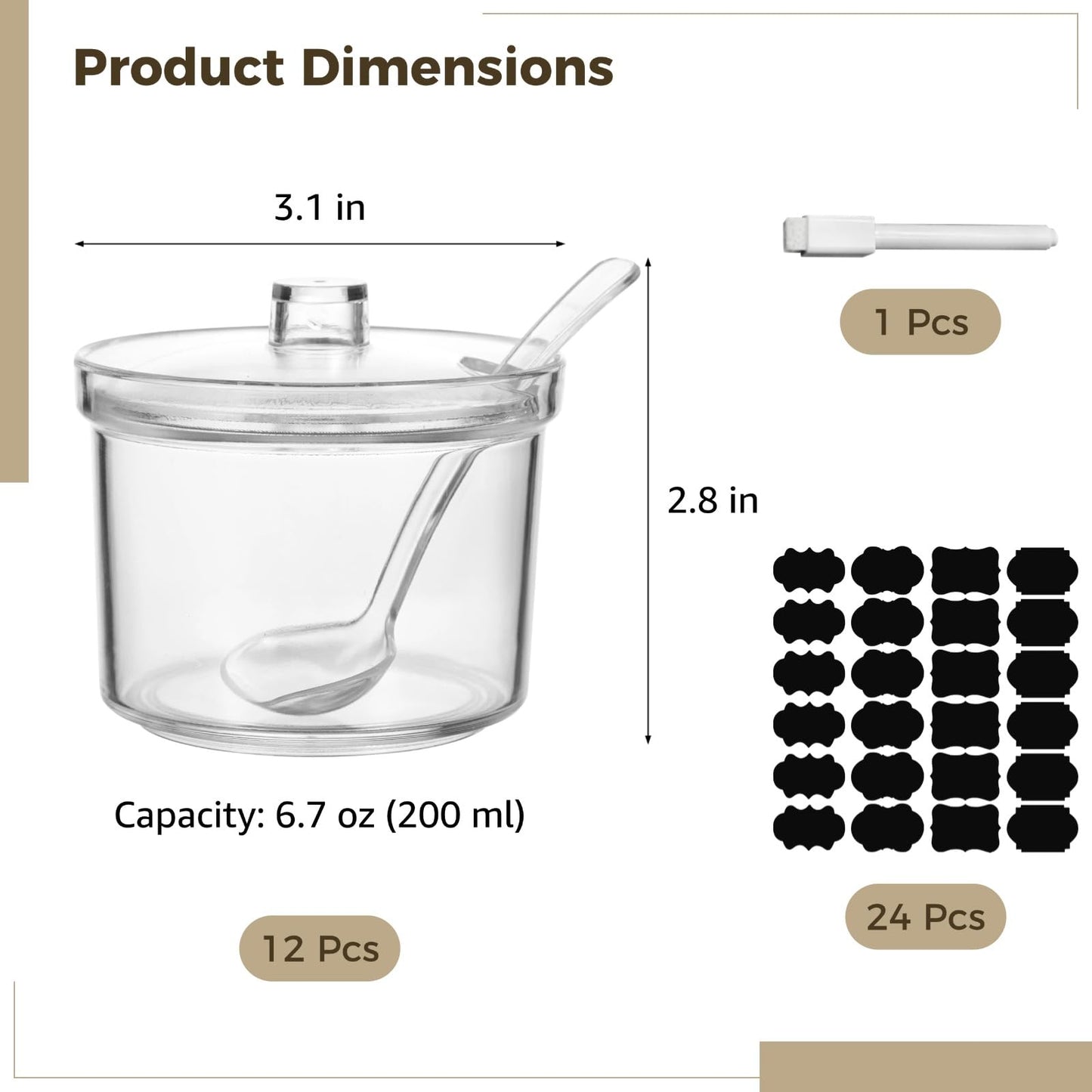 Homaisson 12 PCS Ice Cream Topping Containers with Lids - 6.7 oz Acrylic Clear Sugar Bowl for Countertop with Lid and Spoon, 200 ml Canisters with 24 Labels & Pen for Coffee Tea Tea Spice