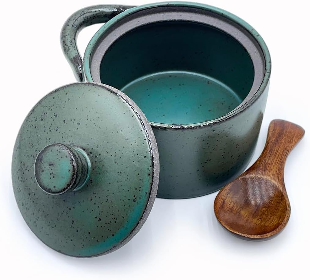 Ntwoiee 8.5 oz Ceramic Salt Cellar with Lid & Wooden Spoon,Countertop Salt Container,Used for kitchen salt, pepper, spices, sugar, candy cans (dark blue)
