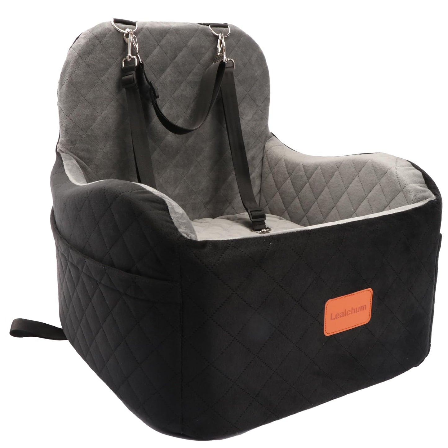 Lealchum Dog Booster Car Seat for Small/Medium Dogs,Puppy Portable Seat for Car with Elevated Cushion,Fully Detachable and Washable Pet Seat with Storage Pockets,Easy to Install (Black/Grey, Medium)